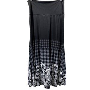 Lularoe Floral Dipped Maxi Skirt 2X Black White Roses Plaid Slinky Boho Hippie